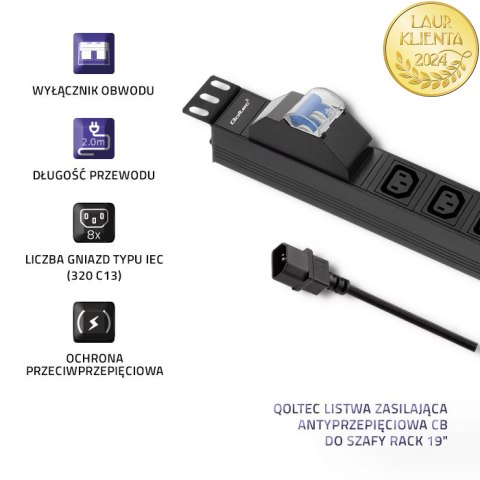 Qoltec Listwa zasilająca PDU antyprzeciążeniowa do RACK 19" | 1U | 10A | 8xIEC C13 | bezpiecznik C16 | 2m Qoltec Listwa zasilająca PDU antyprzeciążeniowa do RACK 19" | 1U | 10A | 8xIEC C13 | bezpiecznik C16 | 2m