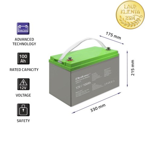 Qoltec Akumulator żelowy Deep Cycle | 12V | 100Ah | 30.5kg | Bezobsługowy | Professional | LongLife | PV, UPS, kamper Qoltec Akumulator żelowy Deep Cycle | 12V | 100Ah | 30.5kg | Bezobsługowy | Professional | LongLife | PV, UPS, kamper