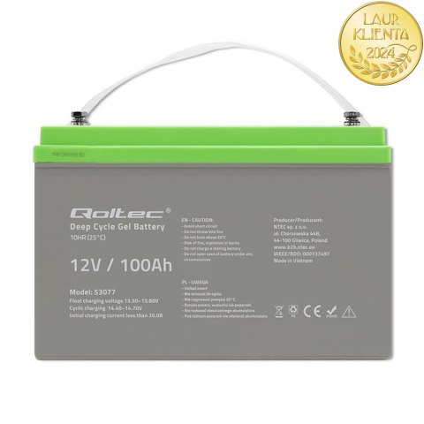 Qoltec Akumulator żelowy Deep Cycle | 12V | 100Ah | 30.5kg | Bezobsługowy | Professional | LongLife | PV, UPS, kamper Qoltec Akumulator żelowy Deep Cycle | 12V | 100Ah | 30.5kg | Bezobsługowy | Professional | LongLife | PV, UPS, kamper