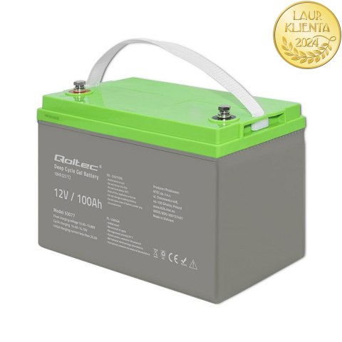 Qoltec Akumulator żelowy Deep Cycle | 12V | 100Ah | 30.5kg | Bezobsługowy | Professional | LongLife | PV, UPS, kamper Qoltec Akumulator żelowy Deep Cycle | 12V | 100Ah | 30.5kg | Bezobsługowy | Professional | LongLife | PV, UPS, kamper