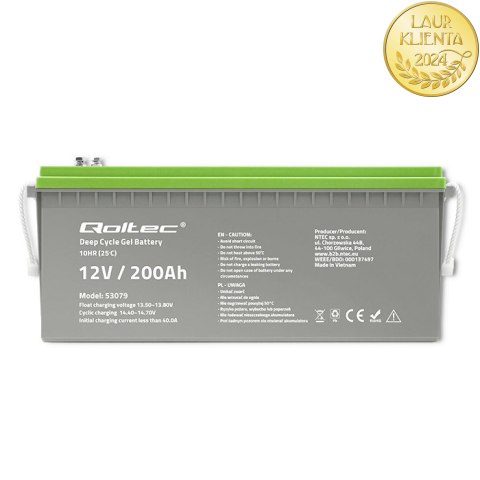 Qoltec Akumulator żelowy Deep Cycle | 12V | 200Ah | 62.5kg | Bezobsługowy | Professional | LongLife | PV, UPS, kamper Qoltec Akumulator żelowy Deep Cycle | 12V | 200Ah | 62.5kg | Bezobsługowy | Professional | LongLife | PV, UPS, kamper