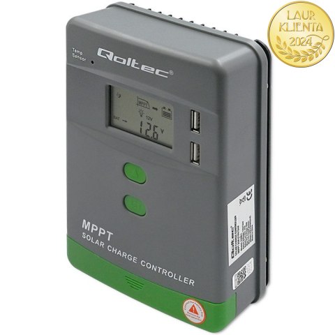 Qoltec Solarny regulator ładowania MPPT z czujnikiem temperatury 20A |12V / 24V | LCD | 2 x USB