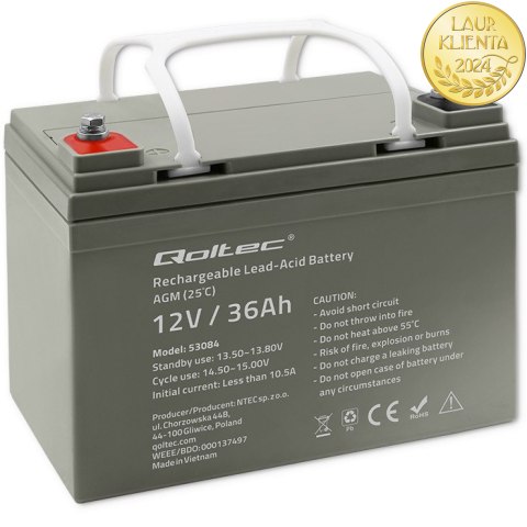 Qoltec Akumulator AGM | 12V | 36Ah | Bezobsługowy | Wydajny | LongLife | do UPS, skutera