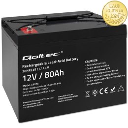 Qoltec Akumulator AGM | 12V | 80Ah | 23.5kg | Bezobsługowy | Mocny | LongLife | do UPS, kampera, łodzi, pieca