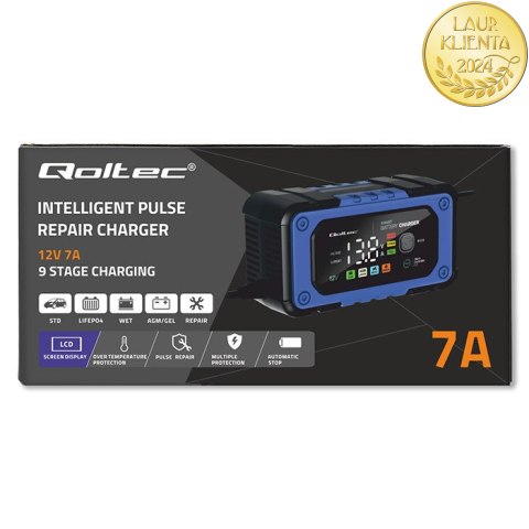 Qoltec Inteligentna mikroprocesorowa ładowarka 12V | 7A | Prostownik do akumulatora AGM LiFePO4 GEL z funkcją naprawy Qoltec Inteligentna mikroprocesorowa ładowarka 12V | 7A | Prostownik do akumulatora AGM LiFePO4 GEL z funkcją naprawy