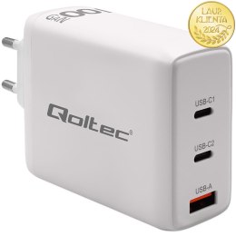 Qoltec Ładowarka sieciowa 100W GaN | 5-20V | 1.5-5A | 2 x USB-C PD | 1 x USB QC 3.0 | Biała