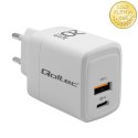 Qoltec Ładowarka sieciowa 20W GaN | 5-20V | 1.5-3A | 1 x USB-C PD | 1 x USB QC 3.0 | Biała