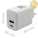 Qoltec Ładowarka sieciowa 20W GaN | 5-20V | 1.5-3A | 1 x USB-C PD | 1 x USB QC 3.0 | Biała