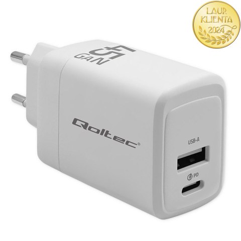 Qoltec Ładowarka sieciowa 45W GaN | 5-20V | 1.5-3A | 1 x USB-C PD | 1 x USB QC 3.0 | Biała