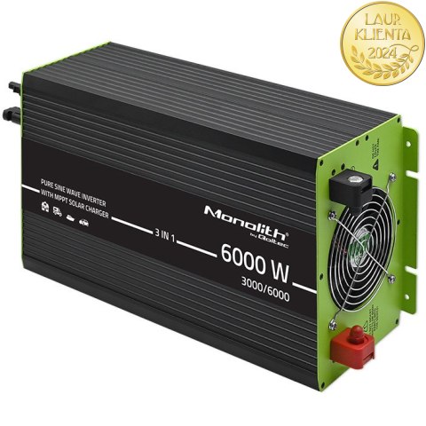 Qoltec Przetwornica solarna Monolith 3w1 z funkcją ładowania AC | MPPT | UPS | ATS | 3000W | 6000W | 12V na 230V | Czysty Sinus