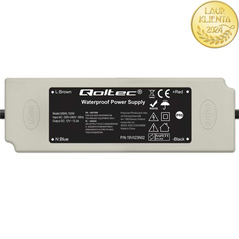 Qoltec Zasilacz impulsowy LED IP67 | 150W | 12V | 12.5A | Wodoodporny | Biały