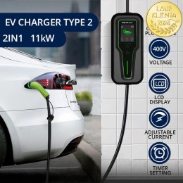 Qoltec Mobilna ładowarka do samochodu elektrycznego EV z regulacją 2w1 Typ2 | 11kW | 3 Fazy | CEE 5 PIN| LCD |Przenośna | Wallbo