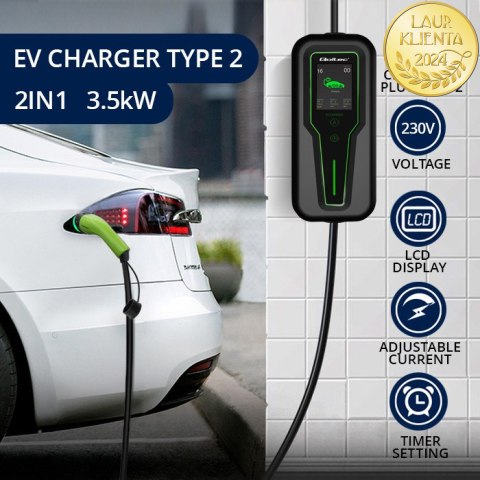 Qoltec Mobilna ładowarka do samochodu elektrycznego EV z regulacją 2w1 Typ2 | 3.5kW | 230V | LCD | Przenośna | Wallbox | 5m Qoltec Mobilna ładowarka do samochodu elektrycznego EV z regulacją 2w1 Typ2 | 3.5kW | 230V | LCD | Przenośna | Wallbox | 5m