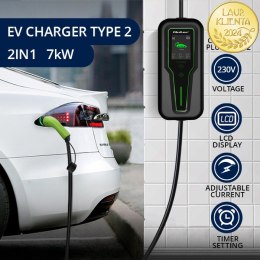 Qoltec Mobilna ładowarka do samochodu elektrycznego EV z regulacją 2w1 Typ2 | 7kW | CEE 3 PIN | 230V | LCD | Przenośna | Wallbox