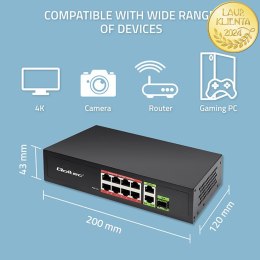 Qoltec Przełącznik sieciowy SWITCH FAST Ethernet PoE 8x RJ45 PoE 2x RJ45 Uplink 1x SFP | 120W | 1000 Mb