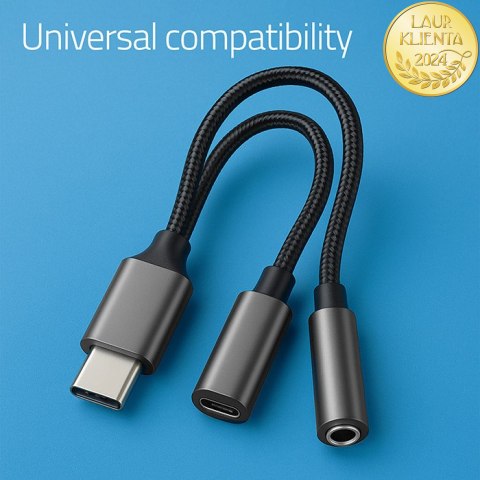 Qoltec Adapter przejściówka 2w1 USB-C | USB-C | Jack 3.5mm | PD 15W | 10cm | Aluminium