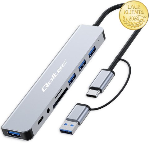 Qoltec Hub Adapter 8w1 USB-C/USB | USB-C | 4xUSB | SD/TF card | JACK 3.5mm TRRS
