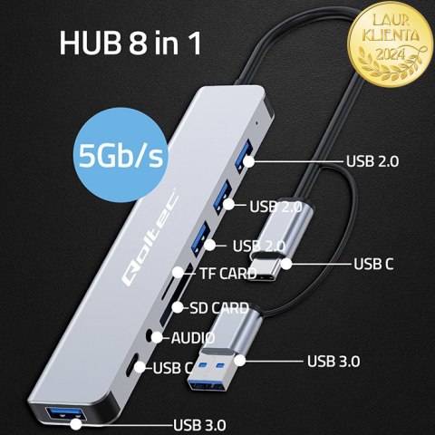 Qoltec Hub Adapter 8w1 USB-C/USB | USB-C | 4xUSB | SD/TF card | JACK 3.5mm TRRS