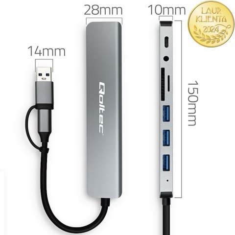 Qoltec Hub Adapter 8w1 USB-C/USB | USB-C | 4xUSB | SD/TF card | JACK 3.5mm TRRS