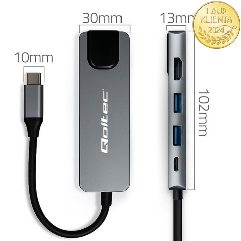 Qoltec Hub Adapter USB-C 5w1 | USB-C PD 100W | 2x USB | HDMI 4K | RJ45