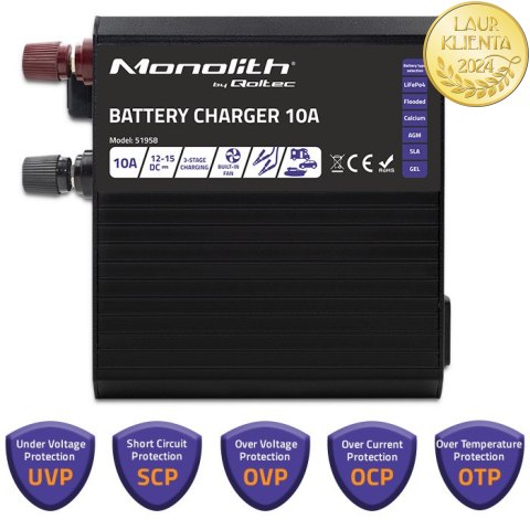 Qoltec Inteligentna ładowarka Monolith do akumulatorów LiFePO4 AGM GEL SLA | 10A | 12V