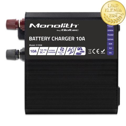 Qoltec Inteligentna ładowarka Monolith do akumulatorów LiFePO4 AGM GEL SLA | 10A | 12V