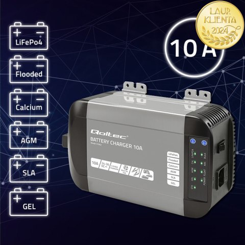 Qoltec Inteligentna ładowarka Monolith do akumulatorów LiFePO4 AGM GEL SLA | 10A | 24V