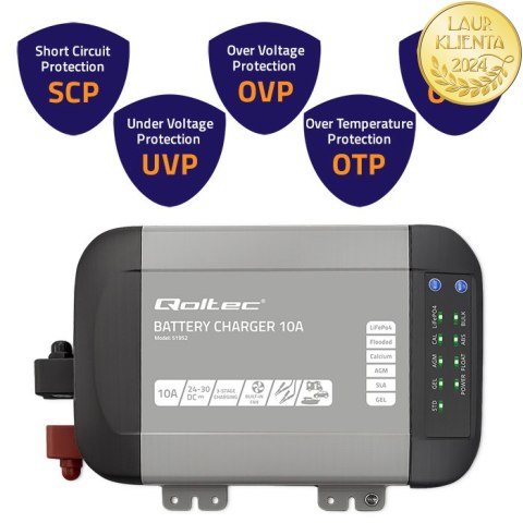 Qoltec Inteligentna ładowarka Monolith do akumulatorów LiFePO4 AGM GEL SLA | 10A | 24V