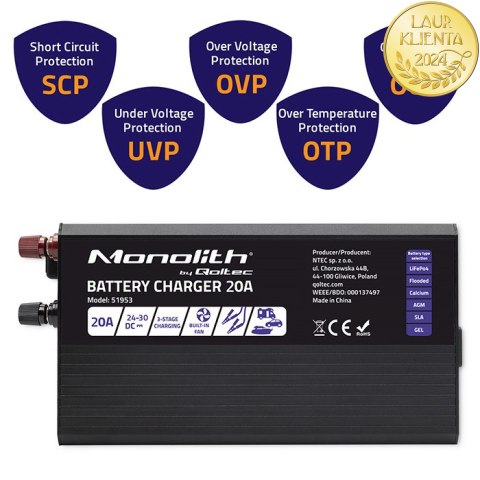 Qoltec Inteligentna ładowarka Monolith do akumulatorów LiFePO4 AGM GEL SLA | 20A | 24V