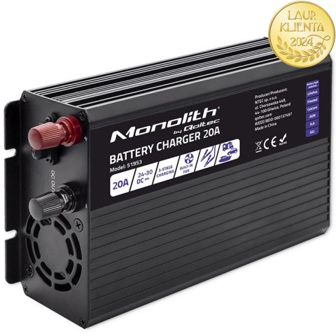 Qoltec Inteligentna ładowarka Monolith do akumulatorów LiFePO4 AGM GEL SLA | 20A | 24V