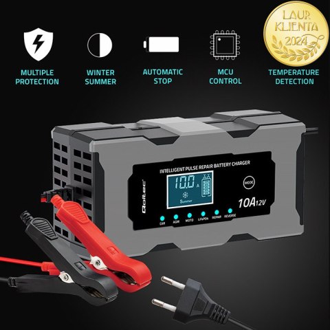 Qoltec Inteligentna mikroprocesorowa ładowarka 12V 10A | Prostownik z funkcją naprawy do akumulatora AGM GEL LiFePO4 | LCD
