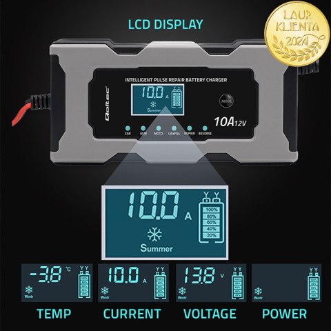 Qoltec Inteligentna mikroprocesorowa ładowarka 12V 10A | Prostownik z funkcją naprawy do akumulatora AGM GEL LiFePO4 | LCD