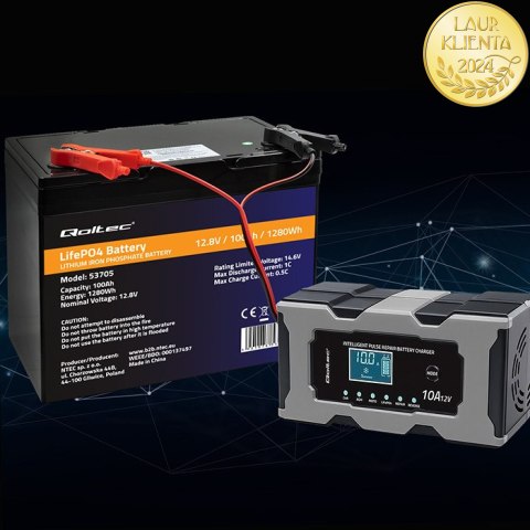 Qoltec Inteligentna mikroprocesorowa ładowarka 12V 10A | Prostownik z funkcją naprawy do akumulatora AGM GEL LiFePO4 | LCD