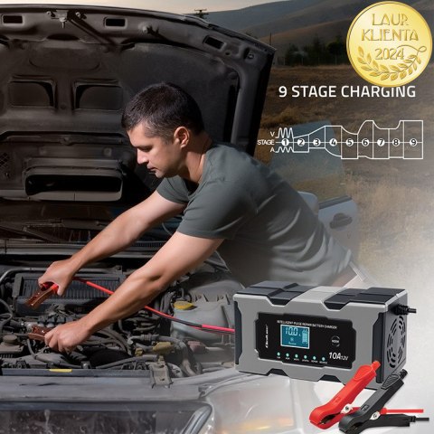 Qoltec Inteligentna mikroprocesorowa ładowarka 12V 10A | Prostownik z funkcją naprawy do akumulatora AGM GEL LiFePO4 | LCD