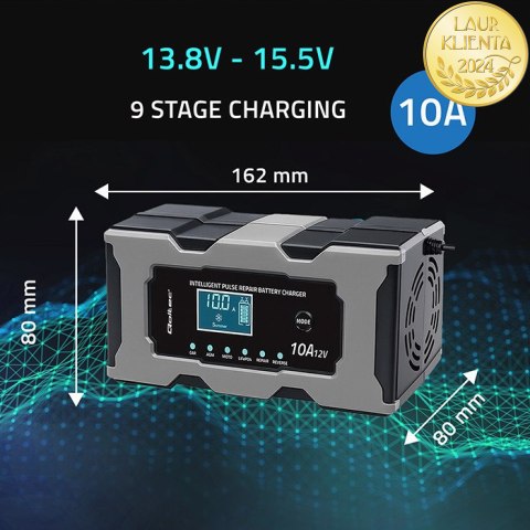 Qoltec Inteligentna mikroprocesorowa ładowarka 12V 10A | Prostownik z funkcją naprawy do akumulatora AGM GEL LiFePO4 | LCD