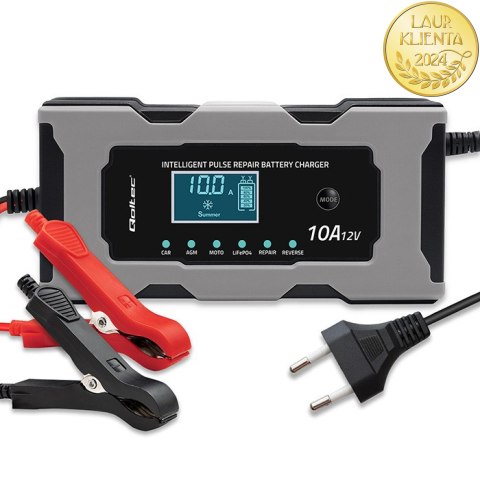 Qoltec Inteligentna mikroprocesorowa ładowarka 12V 10A | Prostownik z funkcją naprawy do akumulatora AGM GEL LiFePO4 | LCD