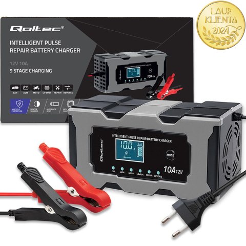 Qoltec Inteligentna mikroprocesorowa ładowarka 12V 10A | Prostownik z funkcją naprawy do akumulatora AGM GEL LiFePO4 | LCD