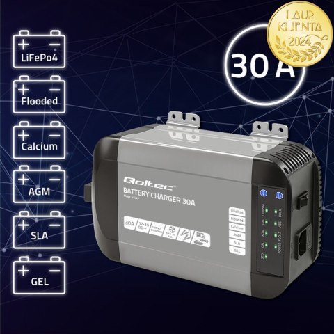 Qoltec Inteligentna profesjonalna ładowarka Monolith do akumulatorów LiFePO4 AGM GEL SLA | 30A | 12V