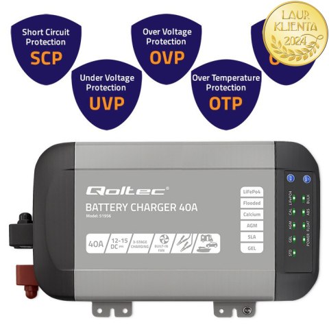 Qoltec Inteligentna profesjonalna ładowarka Monolith do akumulatorów LiFePO4 AGM GEL SLA | 40A | 12V