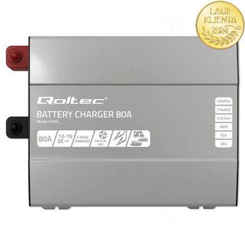 Qoltec Inteligentna profesjonalna ładowarka Monolith do akumulatorów LiFePO4 AGM GEL SLA | 80A | 12V | Szybkie ładowanie