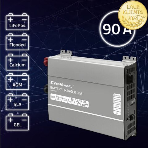 Qoltec Inteligentna profesjonalna ładowarka Monolith do akumulatorów LiFePO4 AGM GEL SLA | 90A | 12V | Szybkie ładowanie
