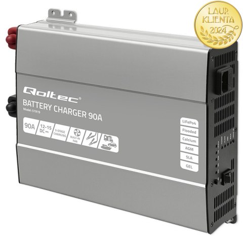 Qoltec Inteligentna profesjonalna ładowarka Monolith do akumulatorów LiFePO4 AGM GEL SLA | 90A | 12V | Szybkie ładowanie