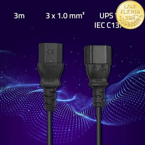 Qoltec Kabel przedłużający zasilający IEC C13/C14 | 3x1.00mm² | 3m