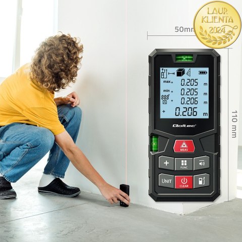 Qoltec Precyzyjny cyfrowy dalmierz laserowy z poziomicą | podświetlany LCD | 50m