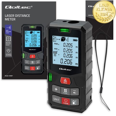 Qoltec Precyzyjny cyfrowy dalmierz laserowy z poziomicą | podświetlany LCD | 50m