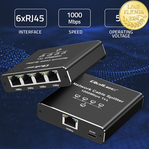 Qoltec Rozdzielacz Splitter Ethernet mini SWITCH 1x4 RJ45 | 1000Mb/s | USB-C | Aluminium