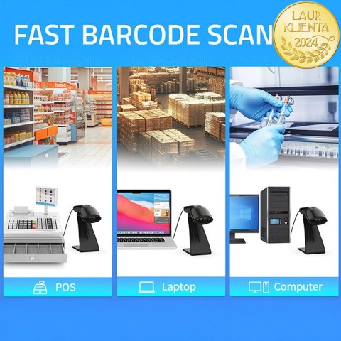 Qoltec Skaner czytnik kodów kreskowych + stojak na skaner | 1D | USB