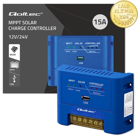 Qoltec Solarny regulator ładowania MPPT 15A do zasilania odbiorników DC i ładowania akumulatorów 12V / 24V | AGM | GEL