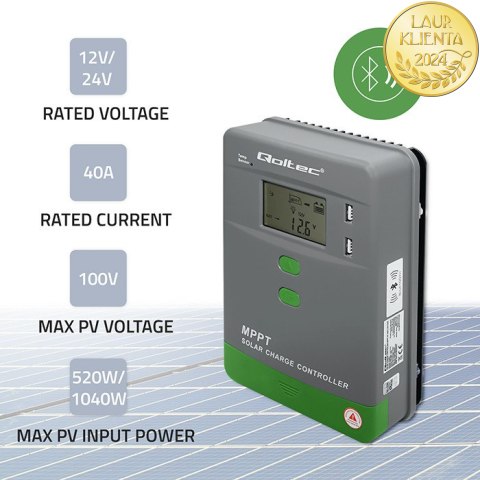 Qoltec Solarny regulator ładowania MPPT z czujnikiem temperatury 40A |12V / 24V | LCD | 2 x USB | Bluetooth | APP | GEL | LiFePO