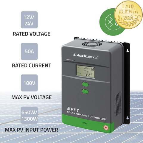 Qoltec Solarny regulator ładowania MPPT z czujnikiem temperatury 50A |12V / 24V | LCD | Bluetooth | APP | GEL | LiFePO4